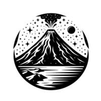 Black and white circular illustration of a volcanic eruption under a starry night sky, with a moon and coastal landscape. vector