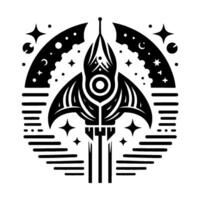 Intricate Black and White Emblem A stylized spaceship ascending through a celestial arc of stars, moons, and planets. vector