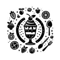 Black White Dessert Sundae Surrounded by Fruits, Citrus Slices, and Utensils, with a Circular, Dotted Frame vector