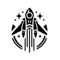 Bold Black and White Stylized Rocket Ship with Starfield Within a Decorative Circular Frame. vector
