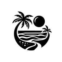 Stylized Beach Scene Crescent shaped composition featuring palm trees framing the horizon, sun, sea and sand path, all rendered in a simple, monochrome style. vector