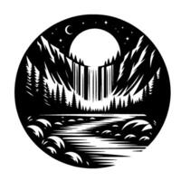 Black and white circular landscape of a moonlit waterfall cascading into a river, framed by mountains, trees, and stars. vector