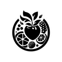 Stylized Black and White Fruit Composition Apple, Berries, and Citrus Slices Arranged in a Circular with Leafy Accents. vector
