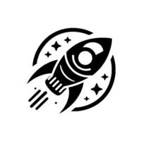 Stylized black and white rocket ship soaring through a starstudded circular path, evoking cosmic exploration. vector
