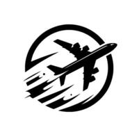 Stylized Black Airplane in Motion Within a Circle, Representing Flight, Speed, and Modern Transportation on a White Background. vector