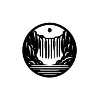 A stylized black and white circular emblem depicting a cascading waterfall between rocky cliffs, with a sun above, reflecting calm. vector