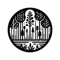 Stylized Black and White Forest Scene in a Circle, Featuring Trees, Plants, and a Moon, Geometric Composition. vector