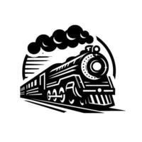 A stylized, black and white illustration of a classic steam train, depicted in motion with billowing smoke and a retro aesthetic, set on railroad tracks within a circular frame. vector