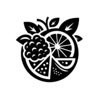 Stylized Black and White Illustration Fruit Composition with Berries, Orange Slice, and Citrus Wedge with Leaves, on a White Background. vector