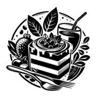 Black and white illustration of a dessert arrangement within a circular border, showcasing a layered cake, fruits, juice, and cutlery. vector