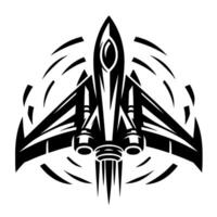 Black and White Illustration of a Futuristic Jet Fighter with Propulsion, Surrounded by Speed Lines, Against White Background. vector