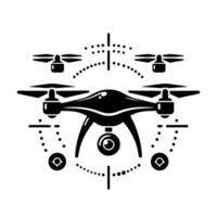 Sleek Black and White Illustration of a Drone with Propellers, Camera, and Decorative Dot Elements, on a clean background. vector