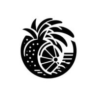 Abstract Black and White Tropical Fruit Featuring Citrus, Pineapple and Palm elements in a Circle vector