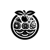 Stylized Black and White Fruit Composition in Circular Form with Apple, Citrus Slices and Garnish, Set Against White Background vector