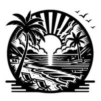 Serene Black White Beach Scene Silhouette of Palm Trees, Sun, and Lounge Chairs within Circular Frame. vector