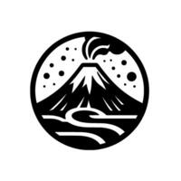 Monochromatic Volcanic Mountain and Landscape Within a Circular Frame, Smoke Erupting, Minimalist . vector