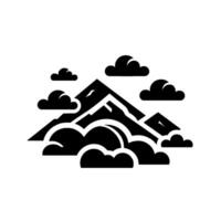 Stylized black and white minimalist mountain range illustration with fluffy cloud formations, capturing an aesthetic adventure theme on a bright background. vector