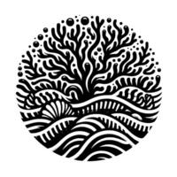 Black and white circular of stylized ocean scene featuring coral, waves, bubbles, and seashells, creating a calming, composition. vector