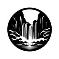 Stylized Black White Waterfall Scene in a Circle, Featuring Moon, Clouds, Trees, and Rocks, Emphasizing Natural Serenity. vector