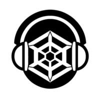 A geometric black and white , featuring headphones encompassing a stylized snowflakelike within a circle, conveying a modern, abstract music or technology theme. vector