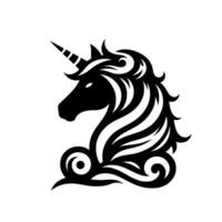 Elegant Black and White Unicorn Head with Flowing Mane, Horn, and Ornate Curl Base, Illustration. vector