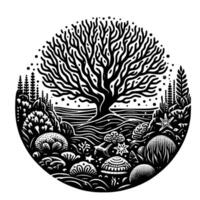 Black and White Circular Illustration A Tree Symbolizing Lifes Interconnectedness, Uniting Land and Sea Elements, Representing Growth and Balance vector