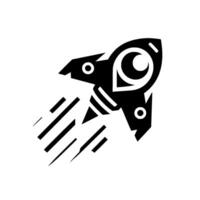 Geometric Black and White Rocket Ship with a stylized eye at its core, launching through space with speed lines against a clean white background. vector
