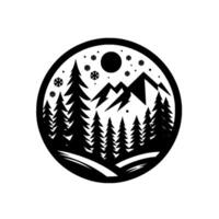 Monochromatic circular featuring a snowcovered mountain range, pine trees, and snowflakes beneath a full moon. vector
