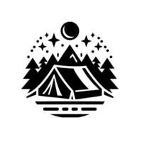 Black and white camping illustration with a tent, mountains, pine trees, a crescent moon, stars, and dotted sky, within a circular frame. vector