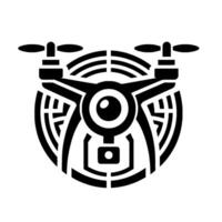 style, blackandwhite drone illustration with symmetrical elements, featuring a central camera and circular, stylized patterns. vector