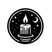 Celestial candle A circular black and white image featuring a lit candle within a night sky scene, stars and crescent moon. vector
