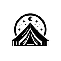 Silhouette of a camping tent under a starry night sky, featuring a crescent moon within a circular frame, minimalist . vector