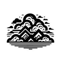 Abstract Black and White Landscape Stylized Mountains, Swirling Clouds, and a Calm Horizon in Minimalist Art. vector