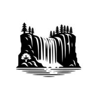 Black and White Illustration of a Majestic Waterfall Cascading Over a Rocky Cliff with Pine Trees and a Tree. vector