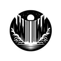 Black and White Circular Illustration Forest Silhouette with a Waterfall, Stars and a Moon, Serene and Minimalist. vector