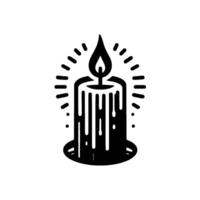 Black and white linework illustration of a candle, lit with a stylized flame, emitting radiant lines of light, on a white background. vector