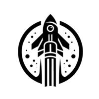 Minimalist Black and White Rocket Ship in a Circle with Dots for Space Travel and Exploration. vector