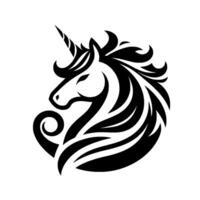 Bold Black and White Illustration of a Mystical Unicorns Head with Flowing Mane and Spiraled Tail on a Clear White Backdrop. vector