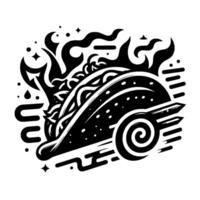 Bold Black White Taco with Flaming Accents and Speed Lines, Symbolic of Flavor and Haste. vector