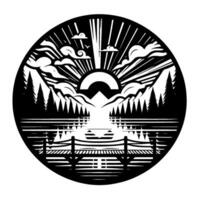 Black and white circular illustration of a mountain landscape with a lake, bridge, rising sun, clouds, and coniferous trees, conveying tranquility. vector