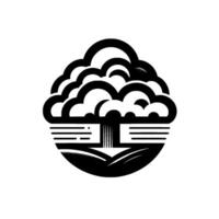 Stylized black and white landscape featuring abstract layered clouds, minimalist field, and water lines. vector