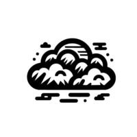 Stylized Black and White Cloudscape with Sun, Rain, and Landscape Elements, Flat on White Background. vector