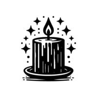 A black and white illustration of a lit candle with melting wax, surrounded by starlike sparkles and dots, set on a plate. vector