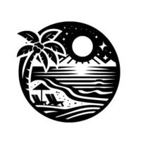 Stylized black and white circular illustration of a tranquil beach scene with palm tree, ocean, sun, stars, chairs, and umbrella, conveying a relaxing atmosphere. vector
