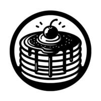 Stack of Pancakes in Black White, Drizzled with Syrup and Topped with a Cherry, Inside a Circular Frame. vector