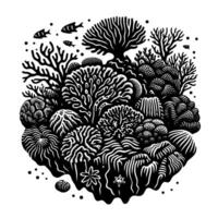 Intricate Black and White Illustration of a Thriving Coral Reef Ecosystem with Stylized Fish and Marine Life. vector