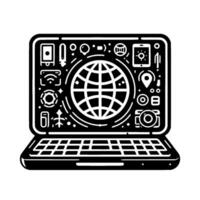 Black and white illustrated laptop, featuring a globe at the center, with surrounding icons representing technology and communication tools. vector
