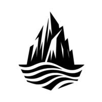 A stylized black and white illustration of a jagged mountain peak emerging from a series of wavy lines suggesting water, reminiscent of an iceberg. vector