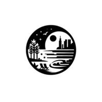 Silhouette of a beach scene at night trees, chairs, skyline, moon, and waves within a circular frame. vector