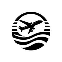 Black and white featuring an airplane taking off over stylized waves and horizontal lines, inside a circular frame. vector